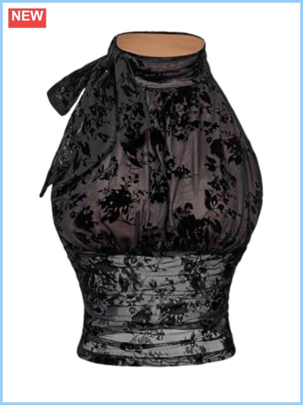 Sheer Mesh Floral Tank Top Gothic Tie Knot Mock Neck Ruched Crop
